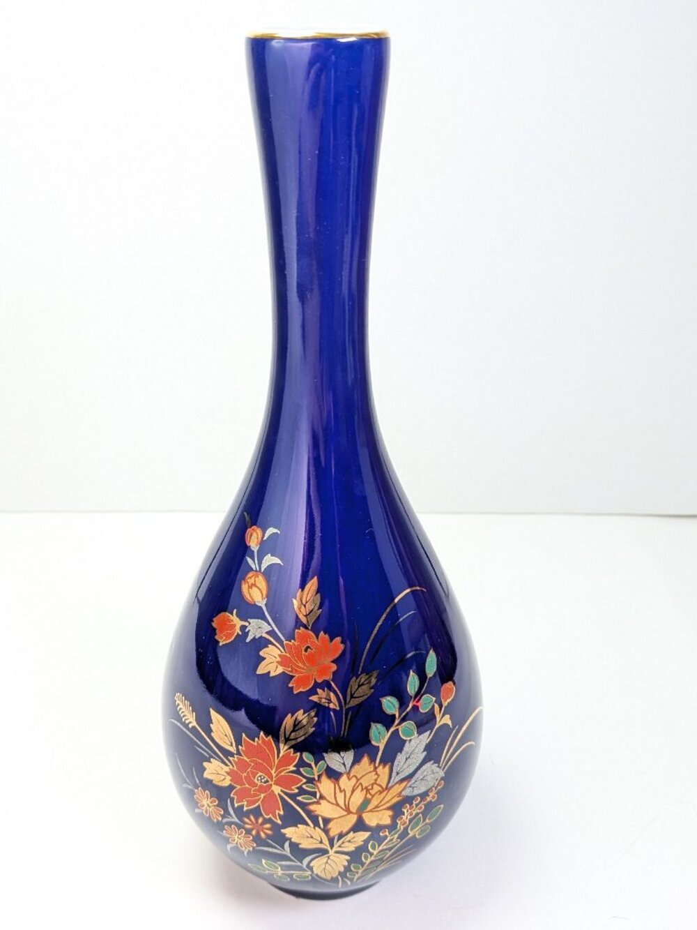 VTG 1970s Japanese Cobalt Blue Porcelain Bud Vase Floral Gold Accents 9 1/2"